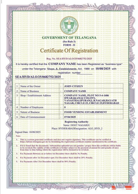 India Telangana certificate of registration Word and PDF template